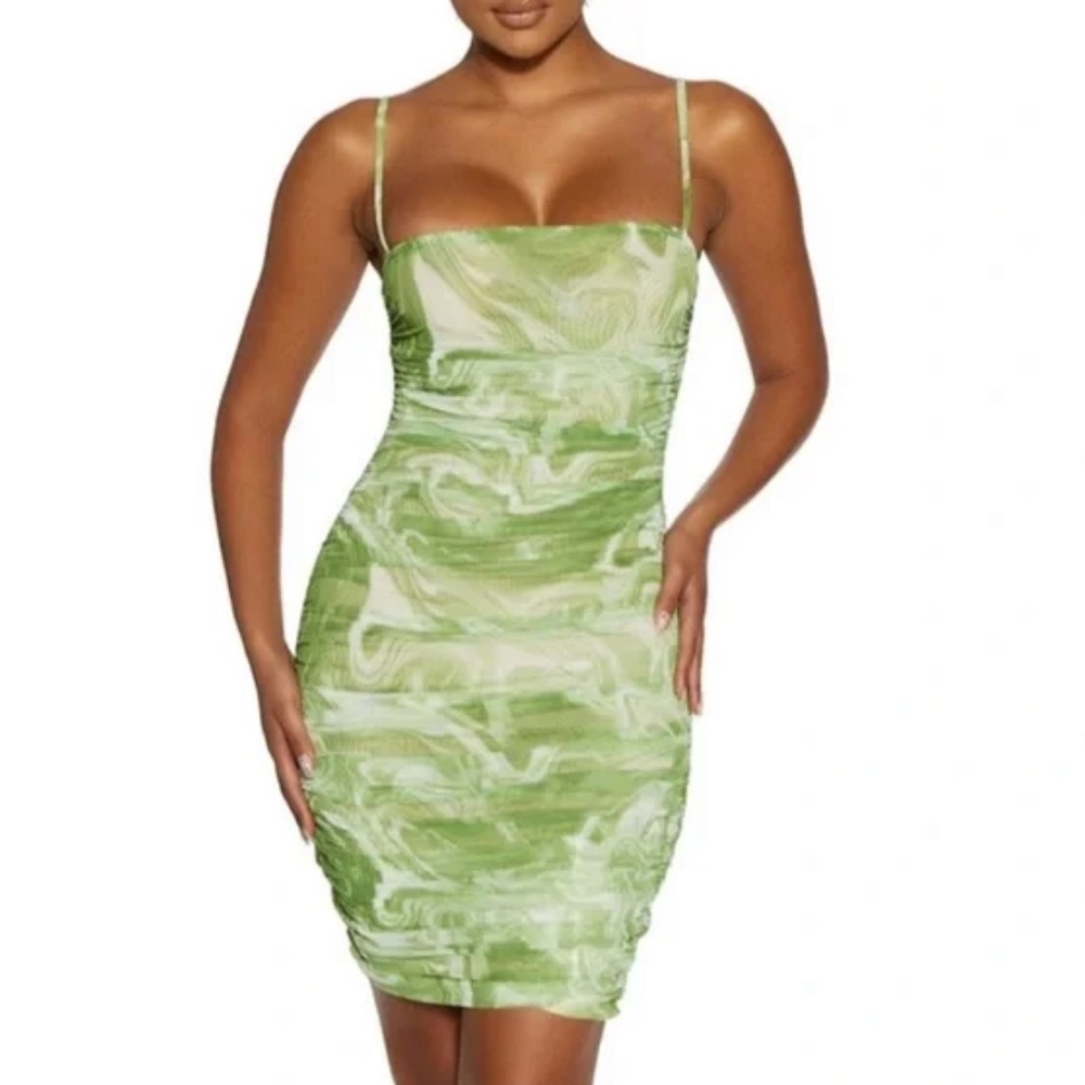 Naked Wardrobe Ruched Kelly Green Marble Mini Dress Size: L